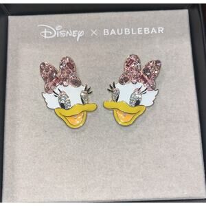 Disney X Baublebar Gold Tone Daisy Duck Pink Bow Crystal Stud Earrings Valentine